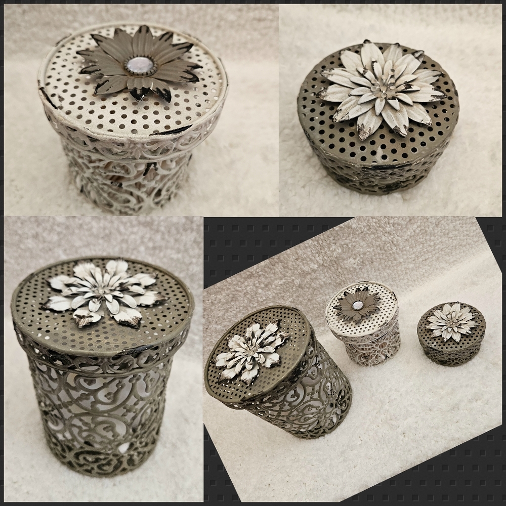 Set of 3 Filigree Round Containers with Lids (6", 4", and 2")